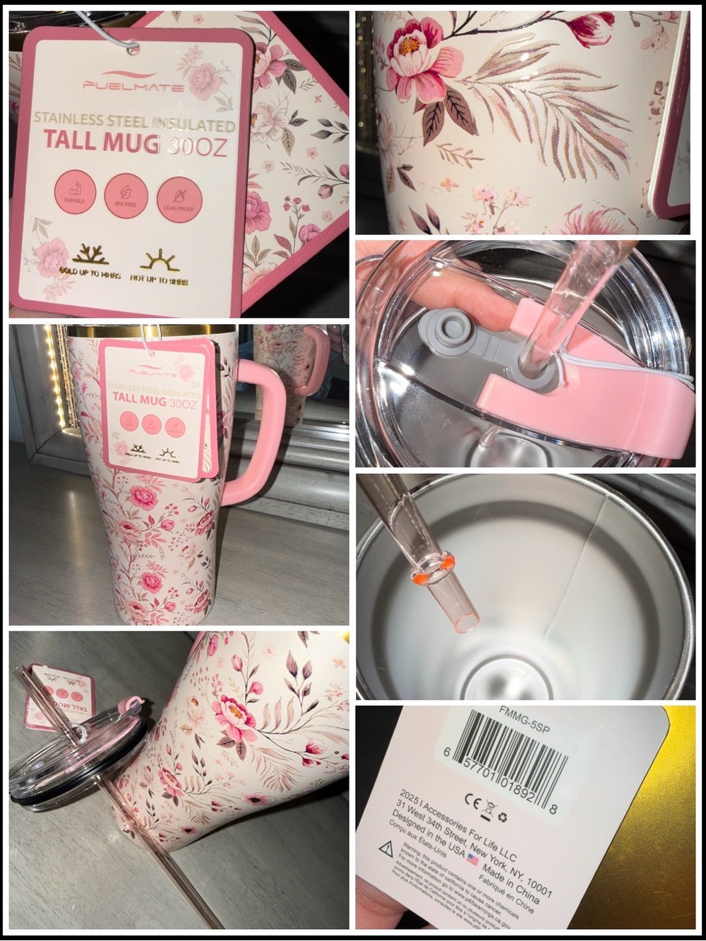 Pink Floral Stainless Steel Insulated Travel Mug - 30oz
